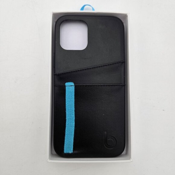 Bluebonnet Full Grain Leather Case iPhone 12 and 12 Pro 2 Slots Black Blue Strap - Picture 1 of 6